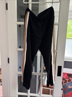 Black Straight-Leg Track Pants with Tan and White Side Stripes